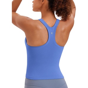 CRZ YOGA Seamless Ribbed Scoop Neck Tank Top for Women – Workout Racerback Padded Athletic Camisole with Built in Bra(Wild Indigo)