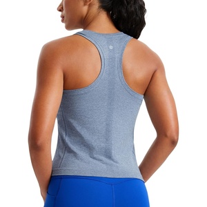 CRZ YOGA Seamless Workout Tank Tops for Women – Athletic Running Gym Sleeveless Shirts Crewneck Racerback Breathable(Oasis Blue Heather)