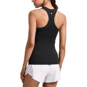 CRZ YOGA Seamless Workout Tank Tops for Women Hip Length – Athletic Running Gym Sleeveless Shirts Racerback Crewneck(Black)