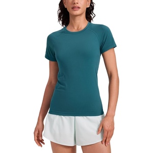 CRZ YOGA Seamless Workout Tops for Women Hip Length – Athletic Running Gym Yoga Short Sleeve Shirts Breathable Crewneck Tees(Green Jade)