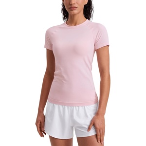 CRZ YOGA Seamless Workout Tops for Women Hip Length – Athletic Running Gym Yoga Short Sleeve Shirts Breathable Crewneck Tees(Strawberry Pink)