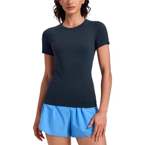 CRZ YOGA Seamless Workout Tops for Women Hip Length – Athletic Running Gym Yoga Short Sleeve Shirts Breathable Crewneck Tees(Twilight Blue)