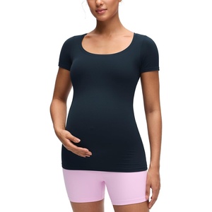 CRZ YOGA Softembrace Maternity U Neck Short Sleeve Shirts – Casual Pregnancy Tops Soft Work Going Out Basic T-Shirt for Women(True Navy)