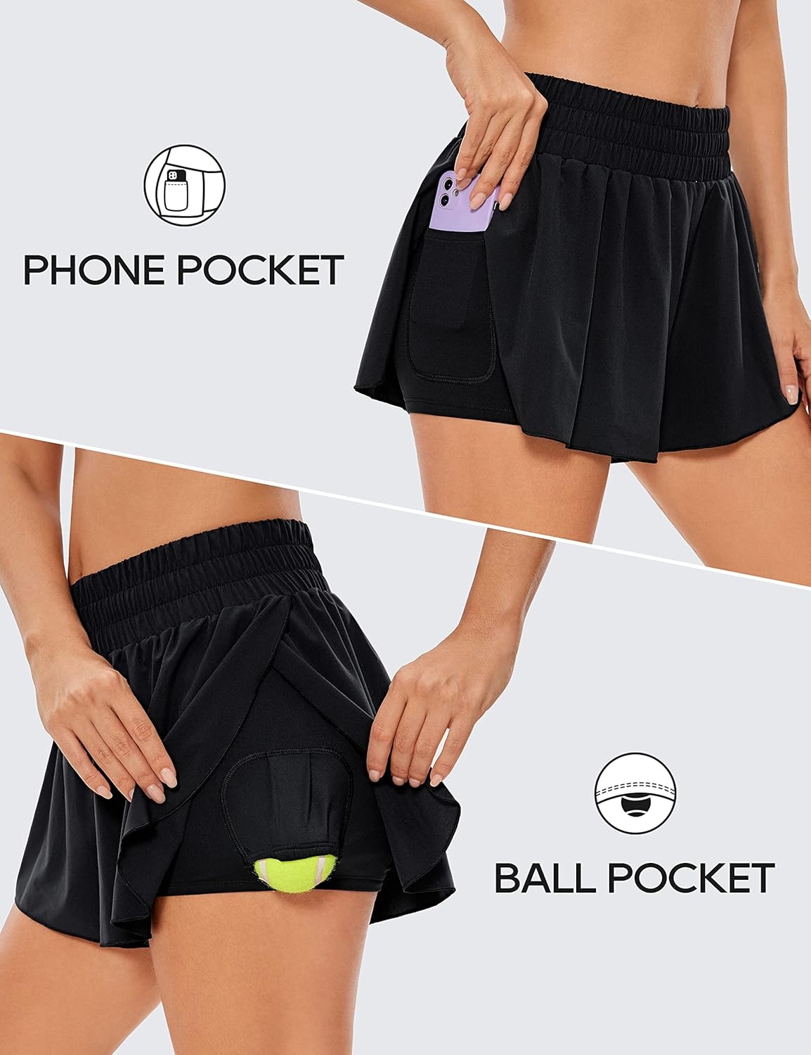 image:imageCRZ YOGA 2 in 1 Split Flowy Running Shorts for Women 3 High Waisted Quick Dry Skirts for Tennis Workout Athletic LoungeBlack