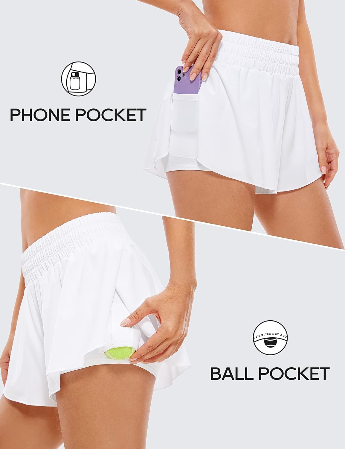 image:imageCRZ YOGA 2 in 1 Split Flowy Running Shorts for Women 3 High Waisted Quick Dry Skirts for Tennis Workout Athletic LoungeWhite