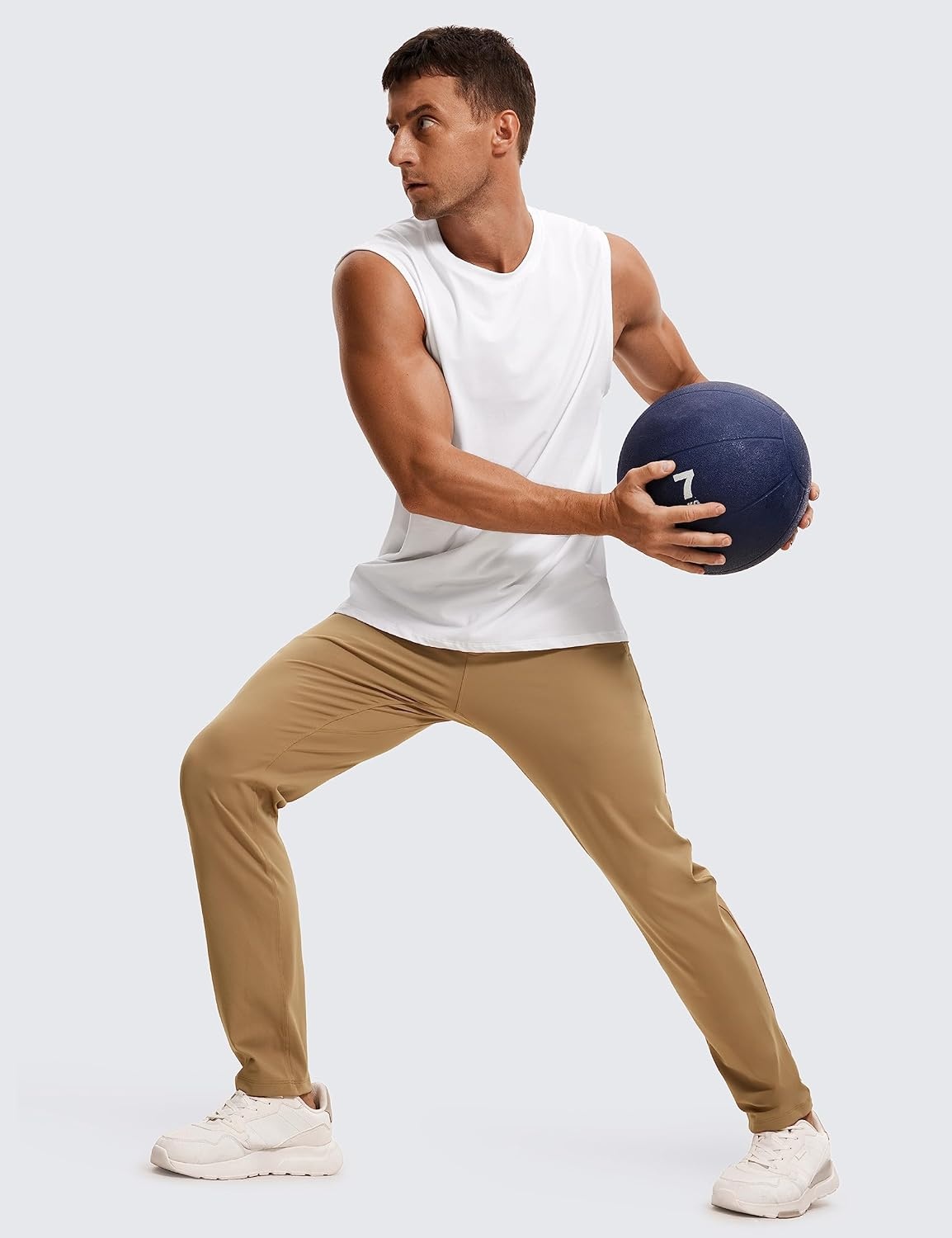 image:imageCRZ YOGA 4Way Stretch Athletic Pants for Men 30 Workout Lounge Casual Work Jogger with Zip PocketKhaki Sand