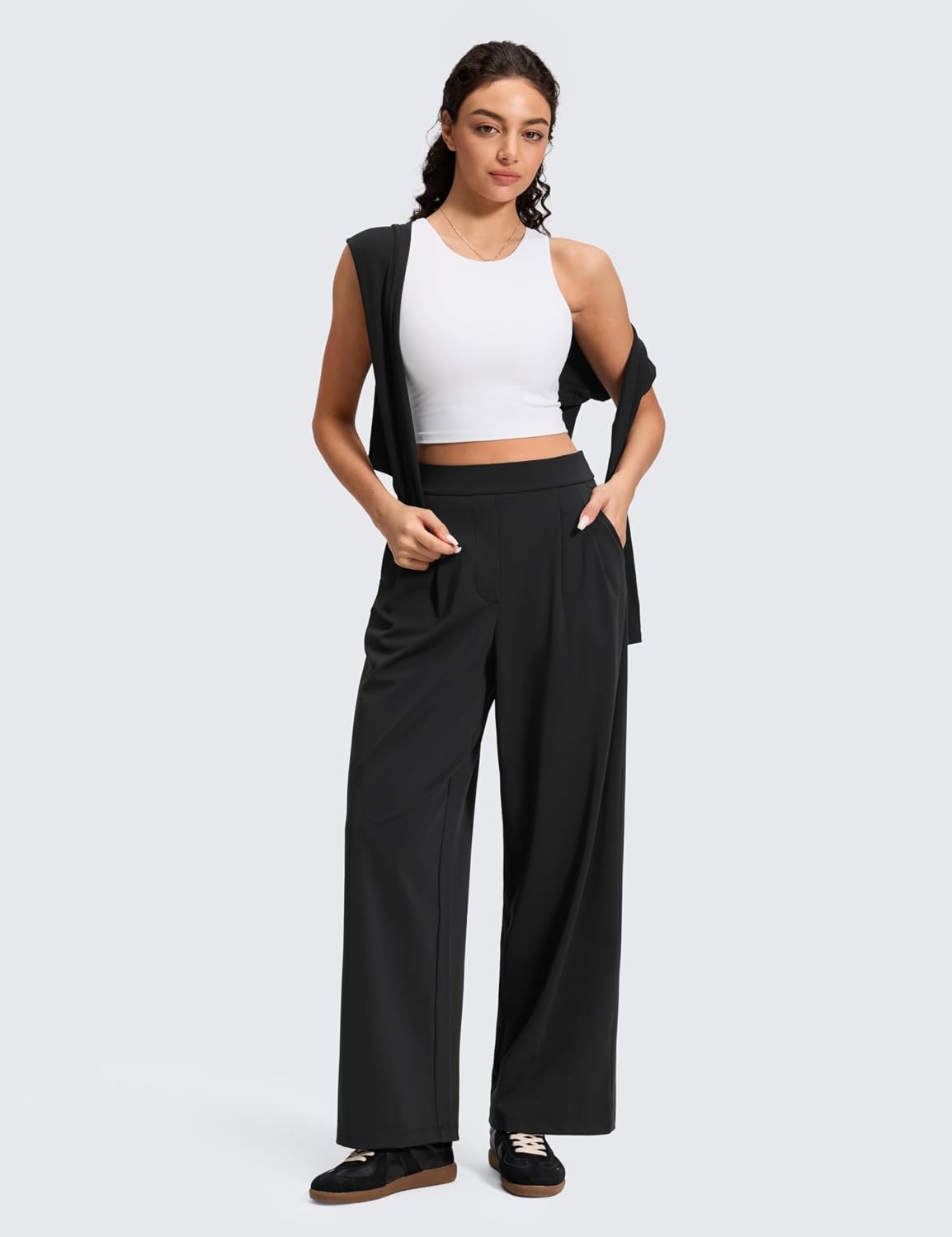 image:imageCRZ YOGA 4Way Stretch Wide Leg Work Pants for Women 295 Bussiness Casual Trousers with PocketsBlack
