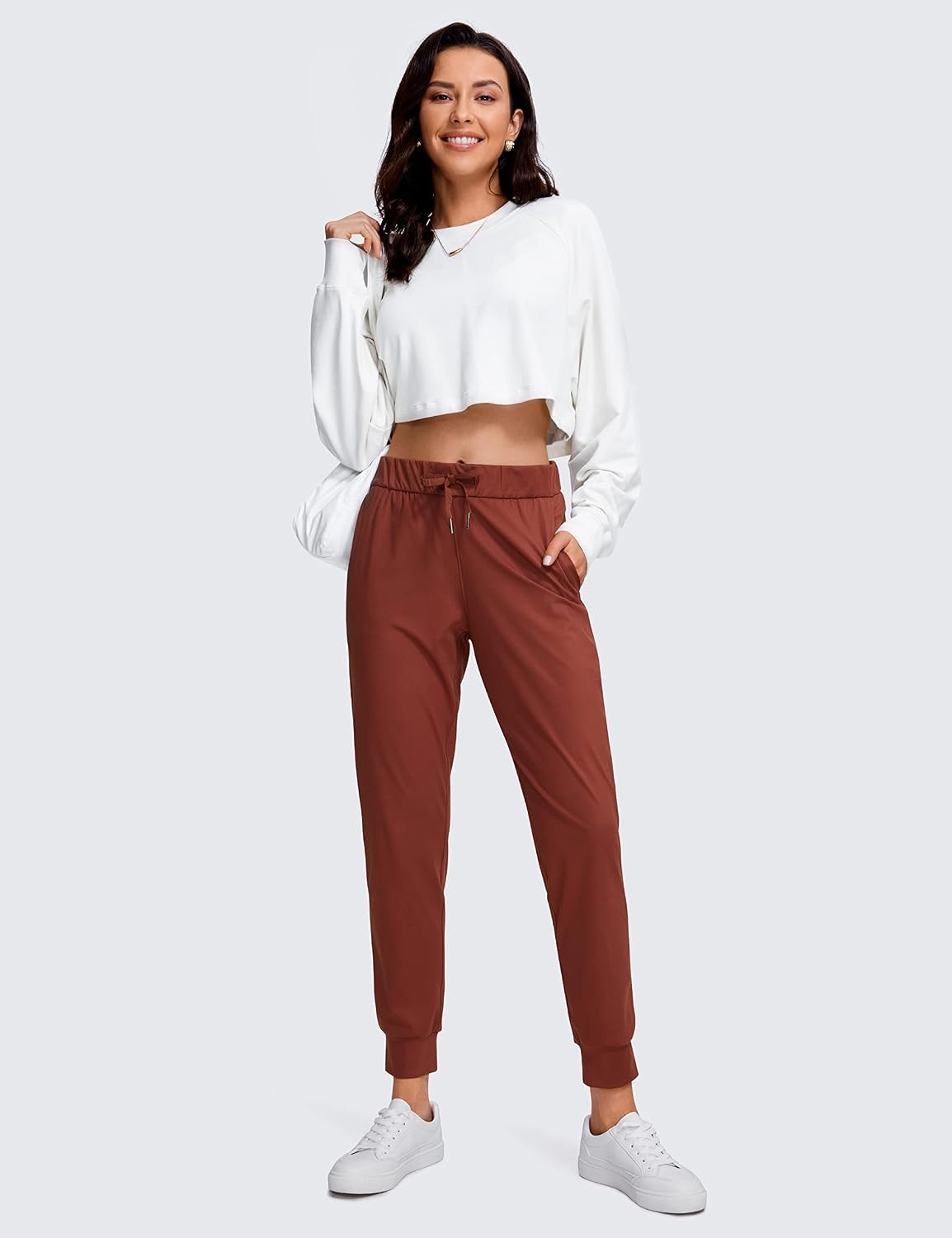 image:imageCRZ YOGA 4Way Stretch Workout Joggers for Women 28 Casual Travel Athletic Pants with PocketsThe Cognac Brown