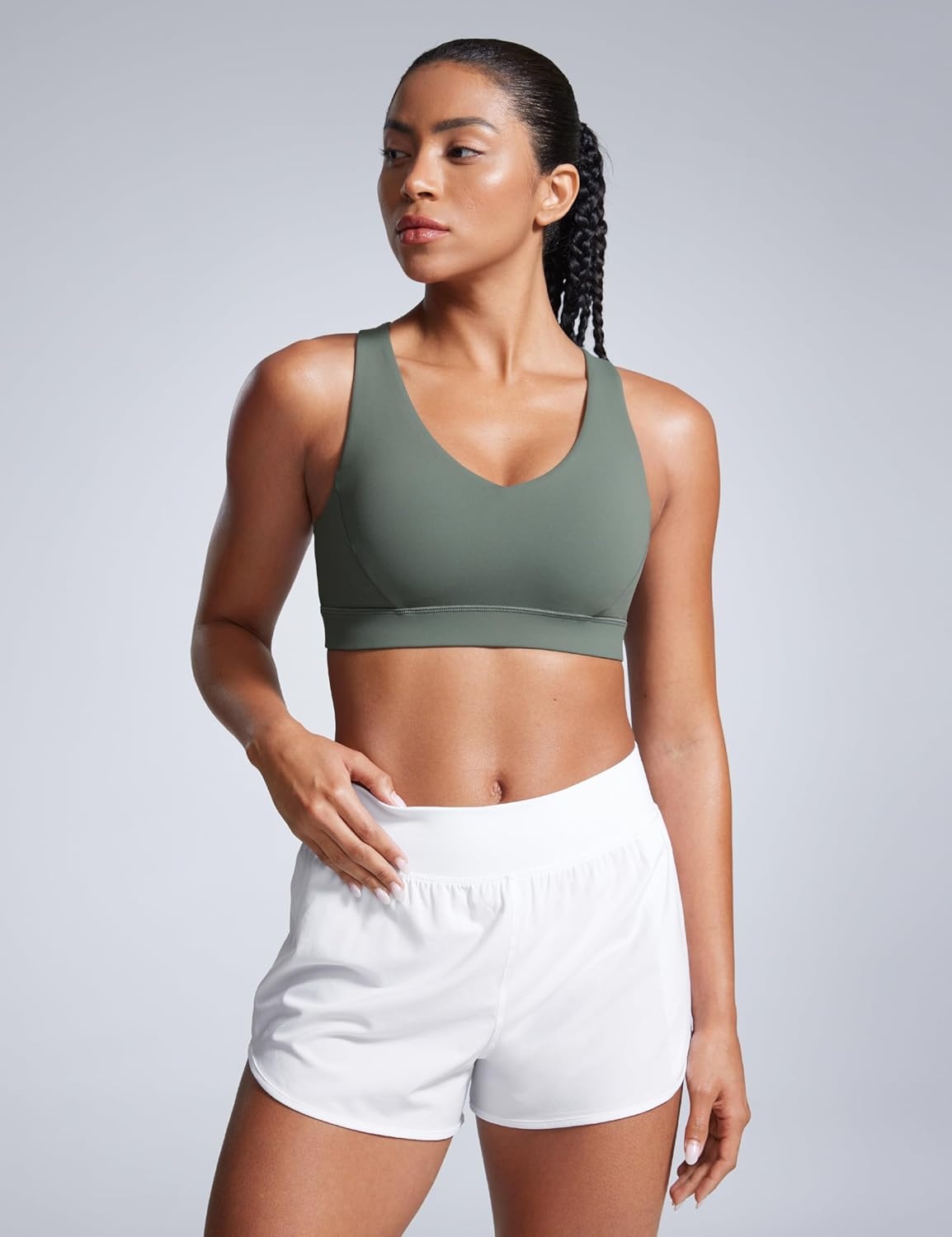 image:imageCRZ YOGA Butterbreeze Criss Cross Back Sports Bras for Women V Neck Adjustable Straps Padded Workout Training Crop TopGrey Sage