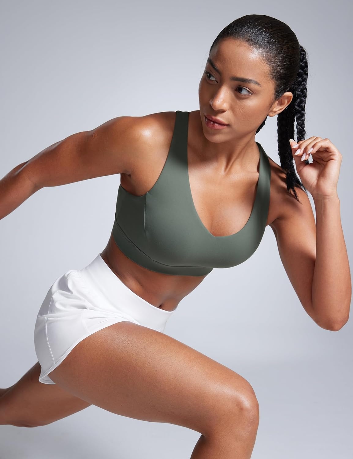 image:imageCRZ YOGA Butterbreeze Criss Cross Back Sports Bras for Women V Neck Adjustable Straps Padded Workout Training Crop TopGrey Sage