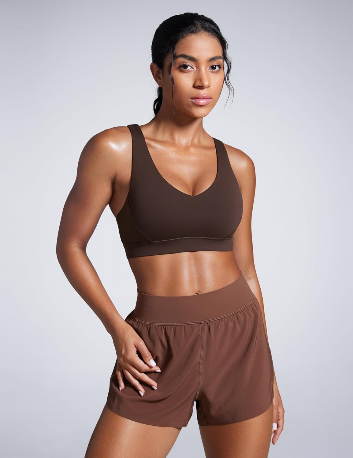image:imageCRZ YOGA Butterbreeze Criss Cross Back Sports Bras for Women V Neck Adjustable Straps Padded Workout Training Crop TopHot Fudge Brown