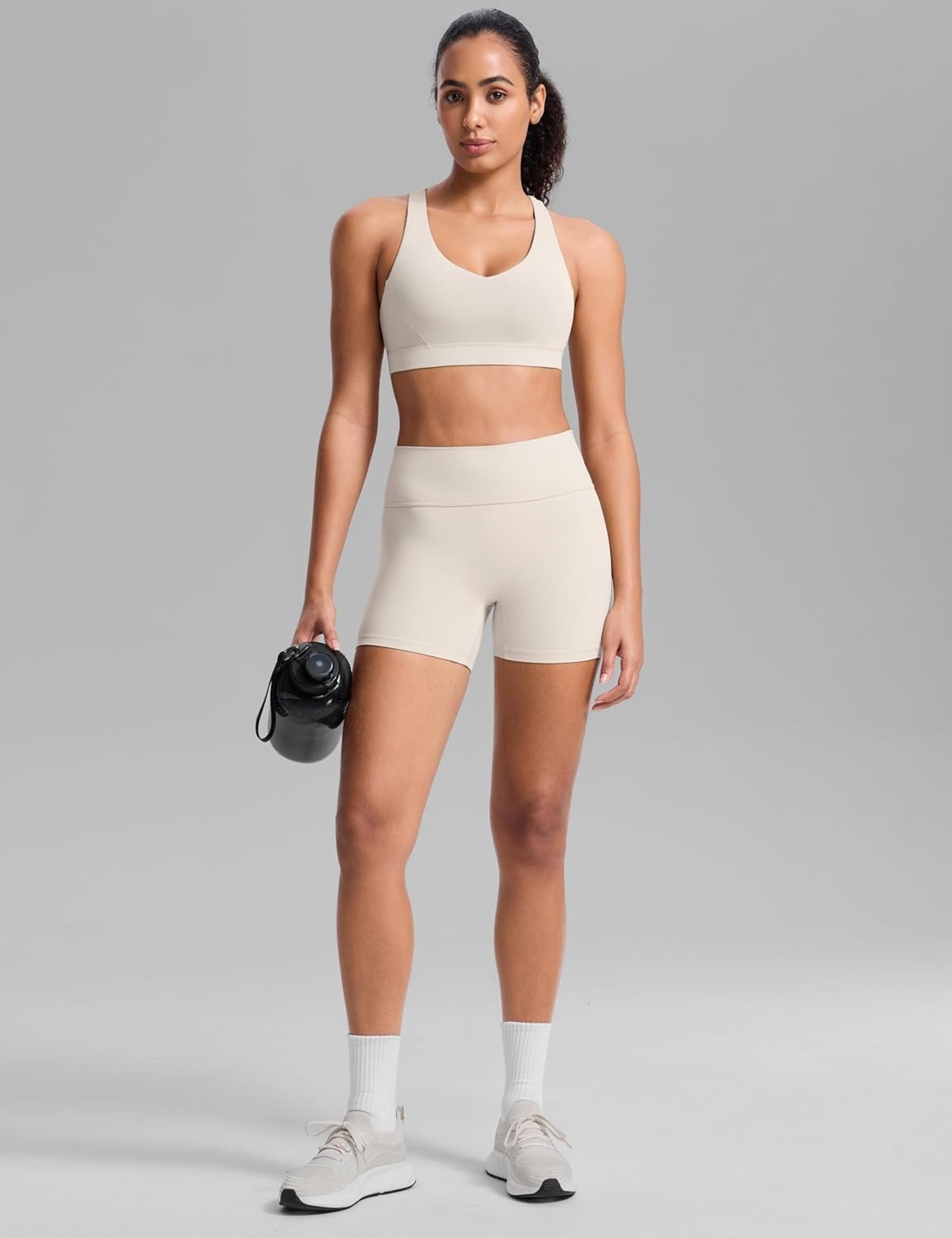 image:imageCRZ YOGA Butterbreeze Criss Cross Back Sports Bras for Women V Neck Adjustable Straps Padded Workout Training Crop TopMojave Tan