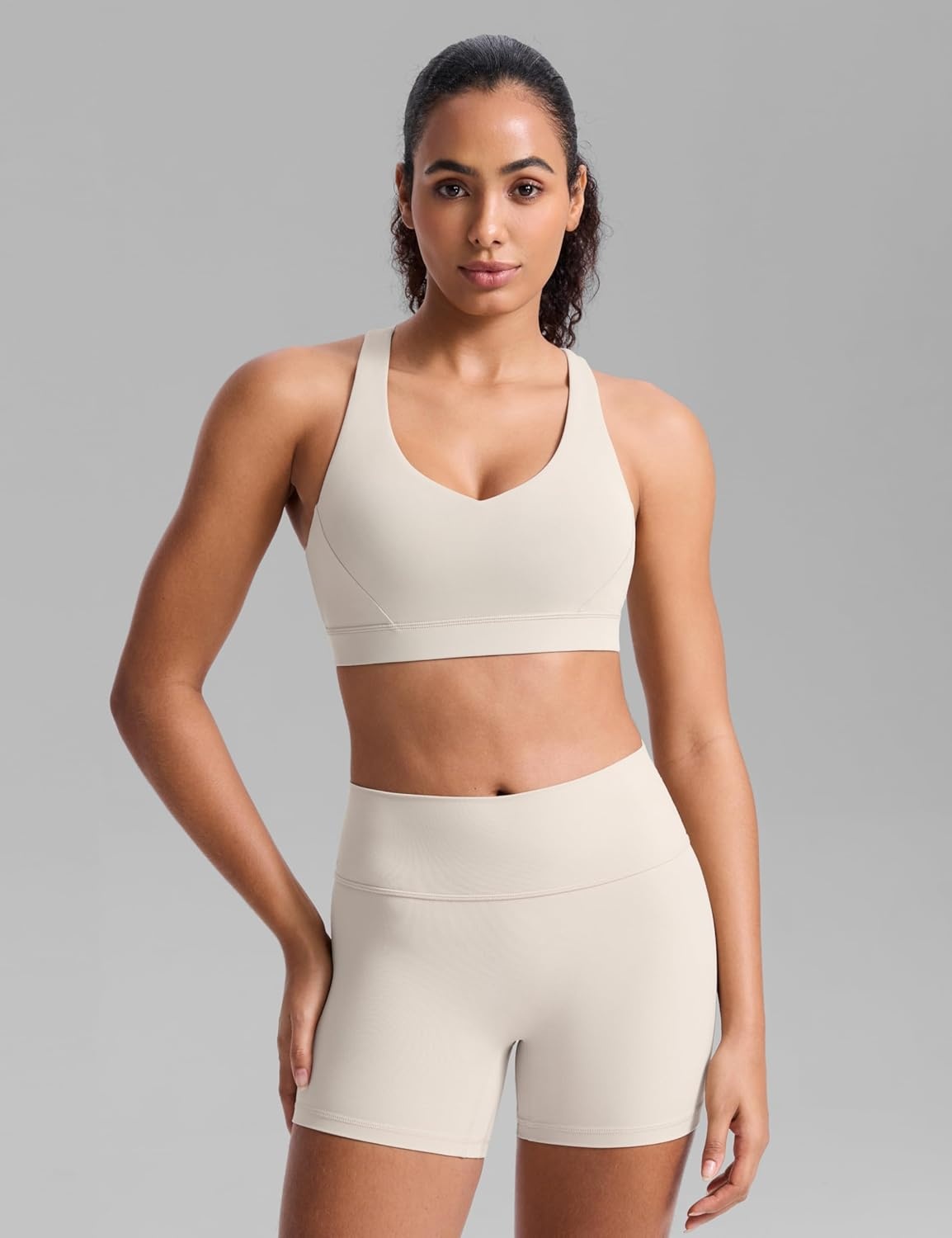 image:imageCRZ YOGA Butterbreeze Criss Cross Back Sports Bras for Women V Neck Adjustable Straps Padded Workout Training Crop TopMojave Tan