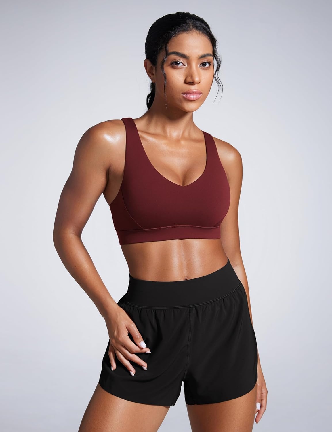 image:imageCRZ YOGA Butterbreeze Criss Cross Back Sports Bras for Women V Neck Adjustable Straps Padded Workout Training Crop TopRed Merlot