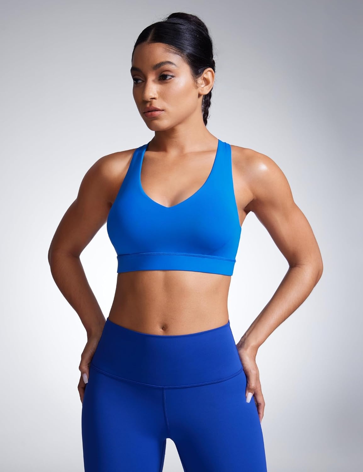 image:imageCRZ YOGA Butterbreeze Criss Cross Back Sports Bras for Women V Neck Adjustable Straps Padded Workout Training Crop TopSparkle Blue