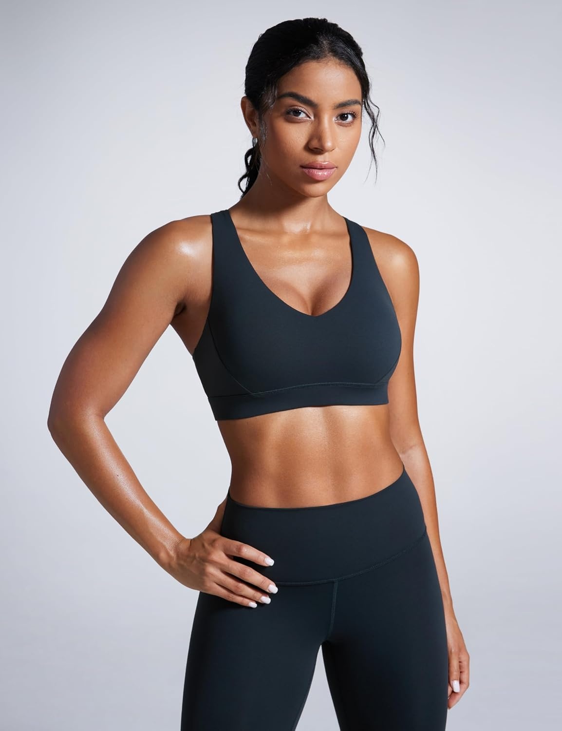image:imageCRZ YOGA Butterbreeze Criss Cross Back Sports Bras for Women V Neck Adjustable Straps Padded Workout Training Crop TopTrue Navy