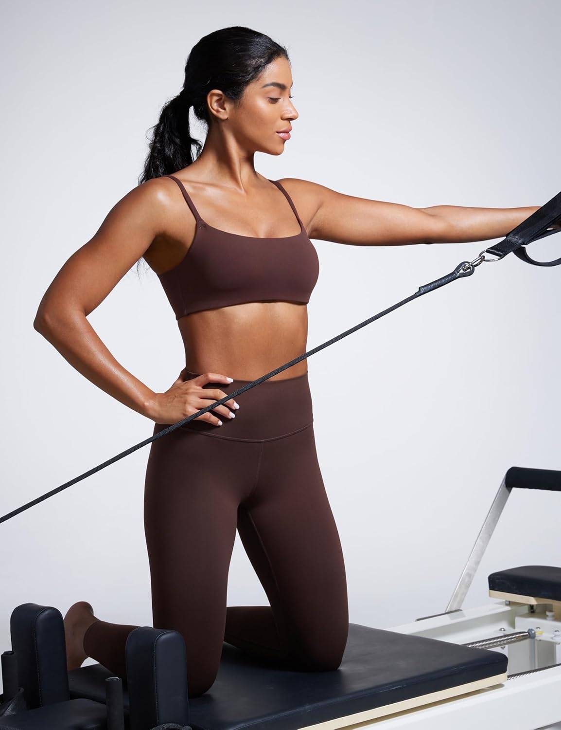image:imageCRZ YOGA Butterbreeze Scoop Neck Sports Bras for Women Spaghetti Straps Wireless Workout Padded Gym Cami TopHot Fudge Brown