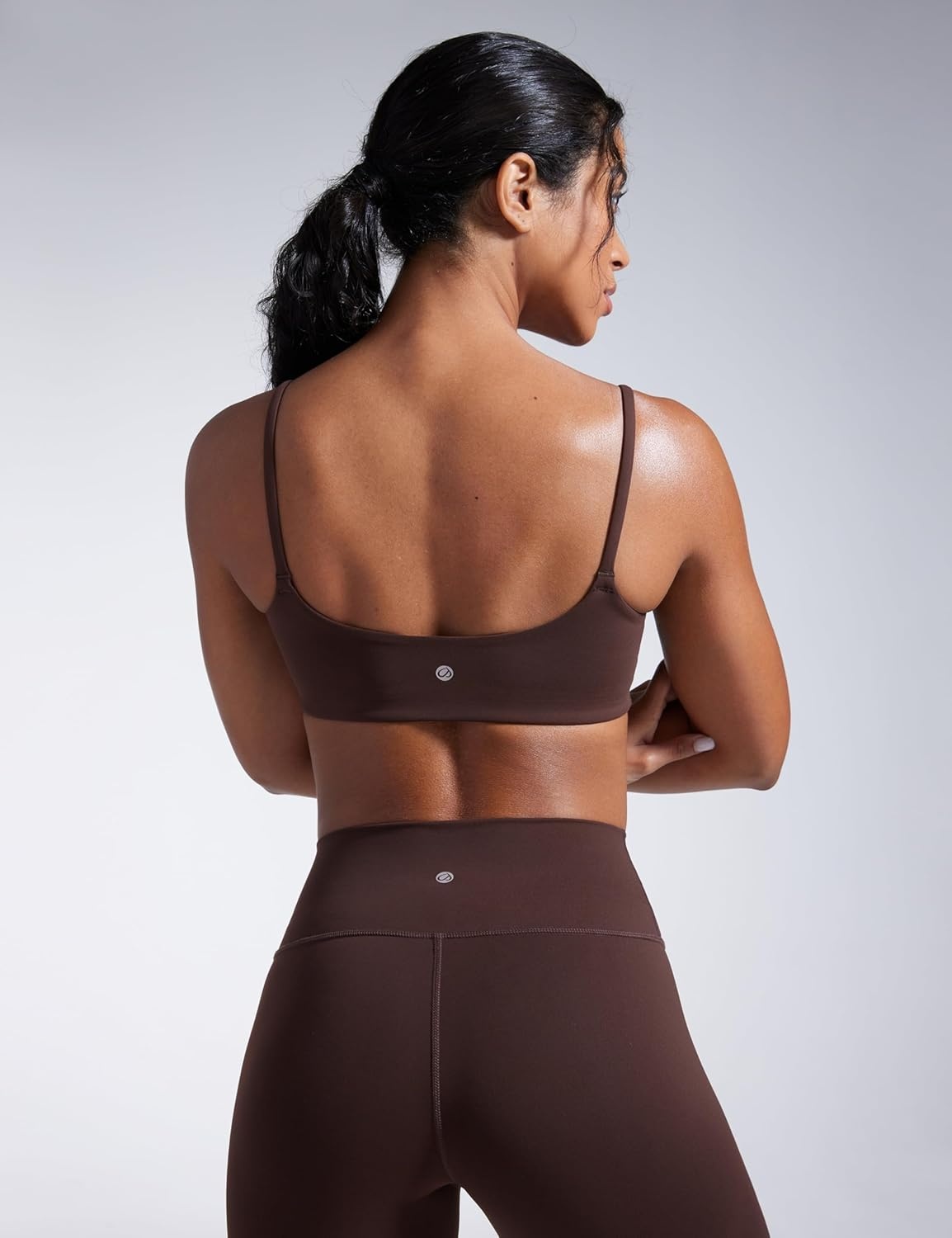 image:imageCRZ YOGA Butterbreeze Scoop Neck Sports Bras for Women Spaghetti Straps Wireless Workout Padded Gym Cami TopHot Fudge Brown
