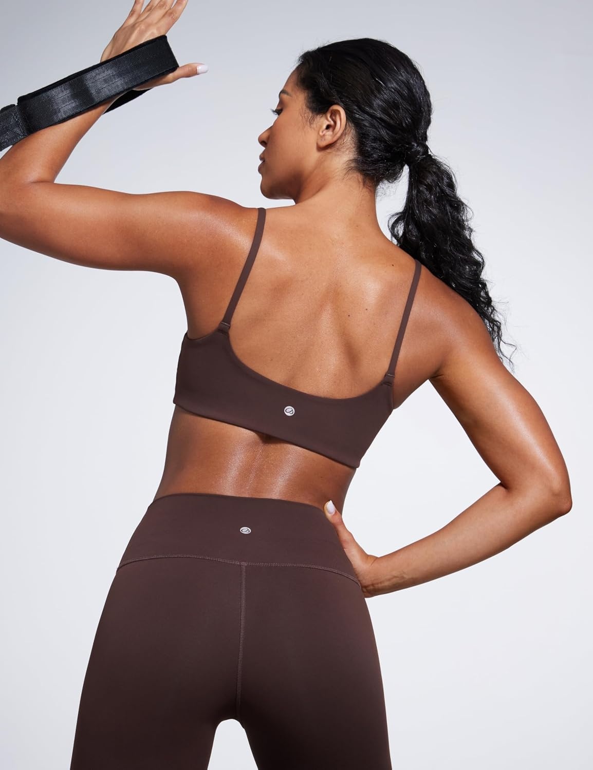 image:imageCRZ YOGA Butterbreeze Scoop Neck Sports Bras for Women Spaghetti Straps Wireless Workout Padded Gym Cami TopHot Fudge Brown