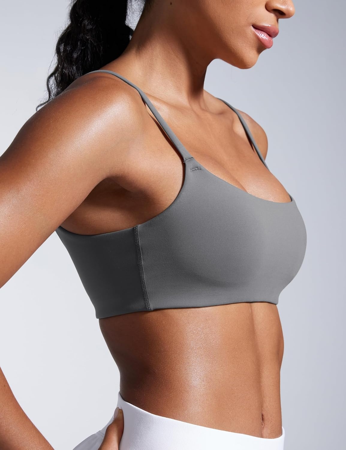 image:imageCRZ YOGA Butterbreeze Scoop Neck Sports Bras for Women Spaghetti Straps Wireless Workout Padded Gym Cami TopLava Smoke Grey