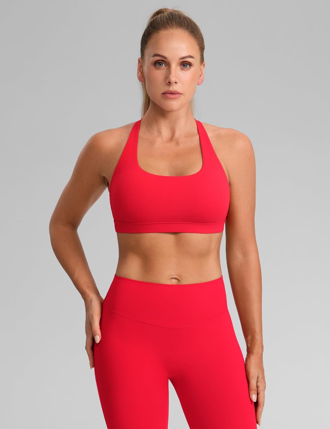 image:imageCRZ YOGA Butterbreeze Square Neck Sports Bras for Women Strappy Thin Straps Workout Traning Padded Gym Halter Cami TopDeep Red
