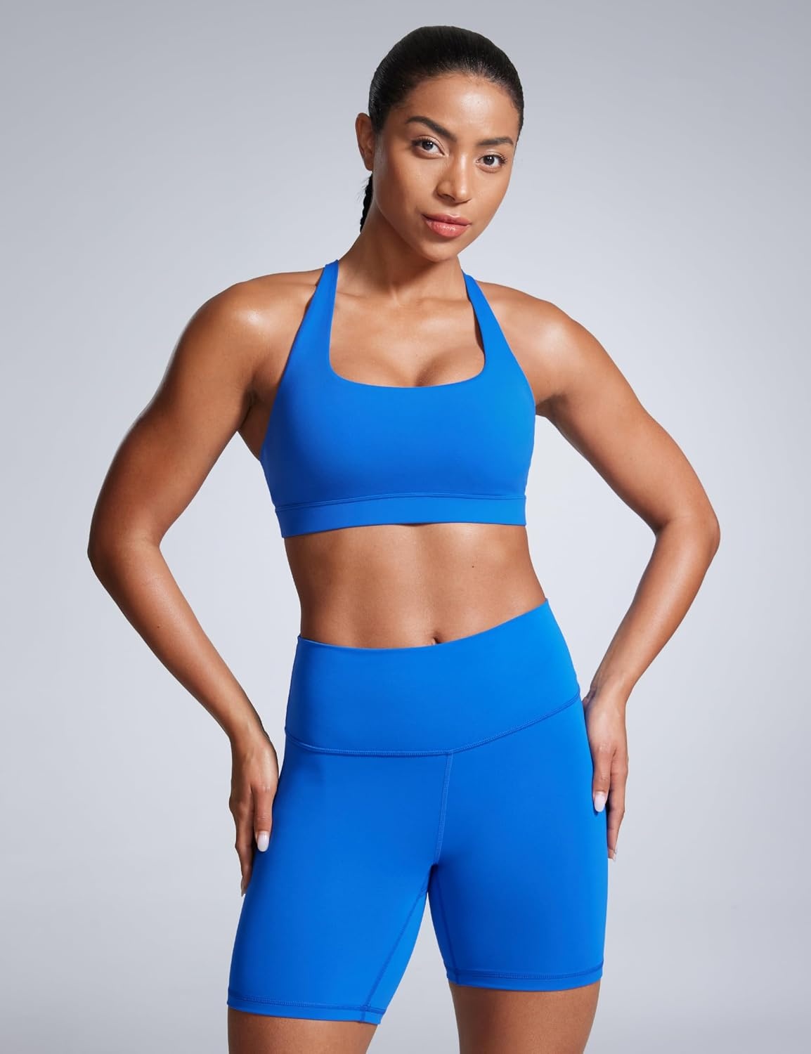 image:imageCRZ YOGA Butterbreeze Square Neck Sports Bras for Women Strappy Thin Straps Workout Traning Padded Gym Halter Cami TopSparkle Blue