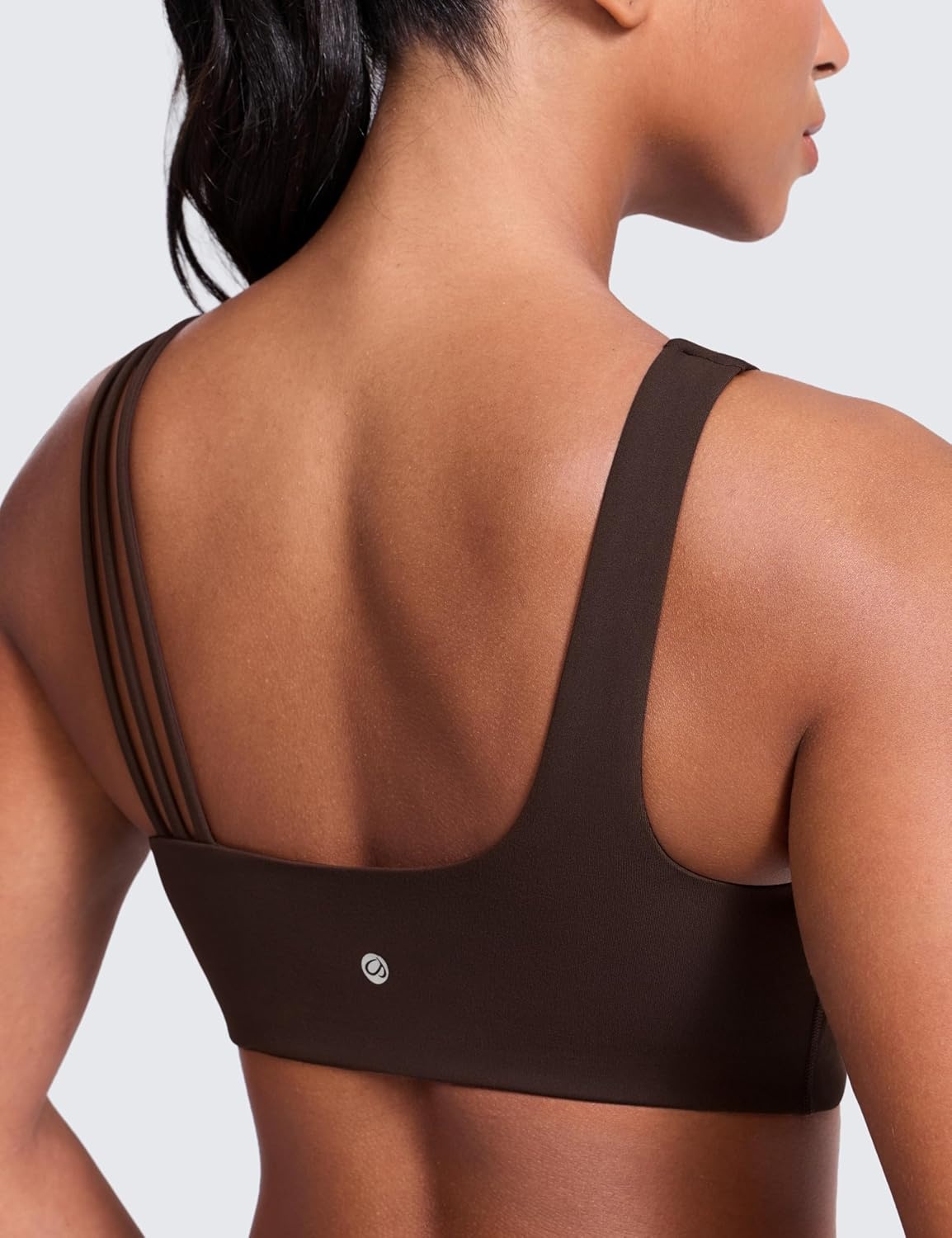 image:imageCRZ YOGA Butterlift Asymmetric Straps Sports Bras for Women Medium Impact Padded Pilates Workout Gym Crop TopHot Fudge Brown