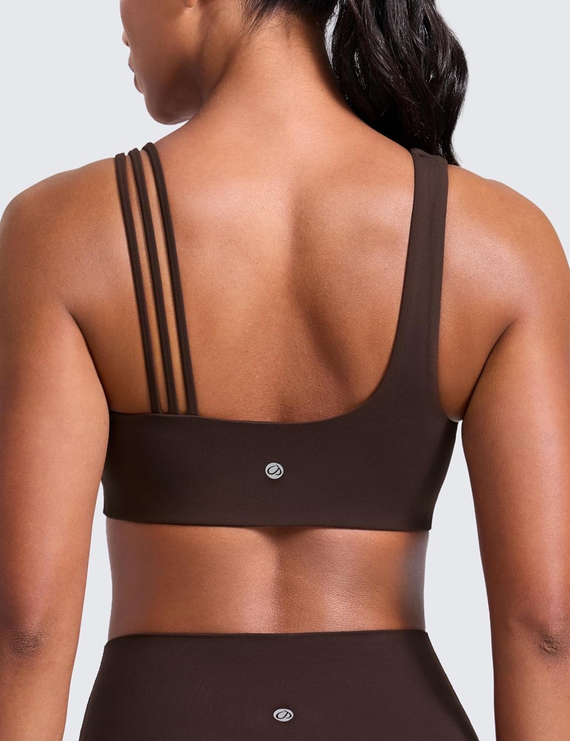 image:imageCRZ YOGA Butterlift Asymmetric Straps Sports Bras for Women Medium Impact Padded Pilates Workout Gym Crop TopHot Fudge Brown