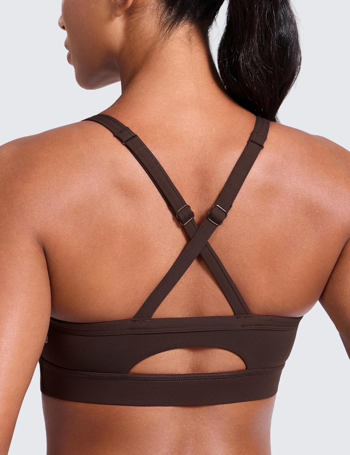 image:imageCRZ YOGA Butterlift CutOut Cross Back Sports Bras for Women Medium Impact Adjustable Thin Straps Pilates Padded Gym TopsHot Fudge Brown