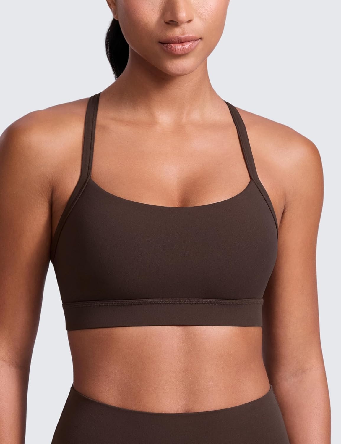image:imageCRZ YOGA Butterlift CutOut Cross Back Sports Bras for Women Medium Impact Adjustable Thin Straps Pilates Padded Gym TopsHot Fudge Brown