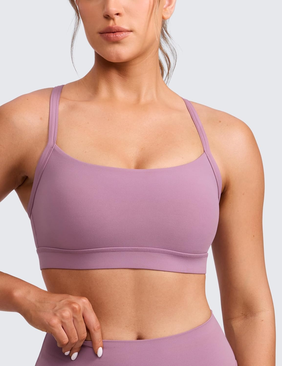 image:imageCRZ YOGA Butterlift CutOut Cross Back Sports Bras for Women Medium Impact Adjustable Thin Straps Pilates Padded Gym TopsLight Lavender