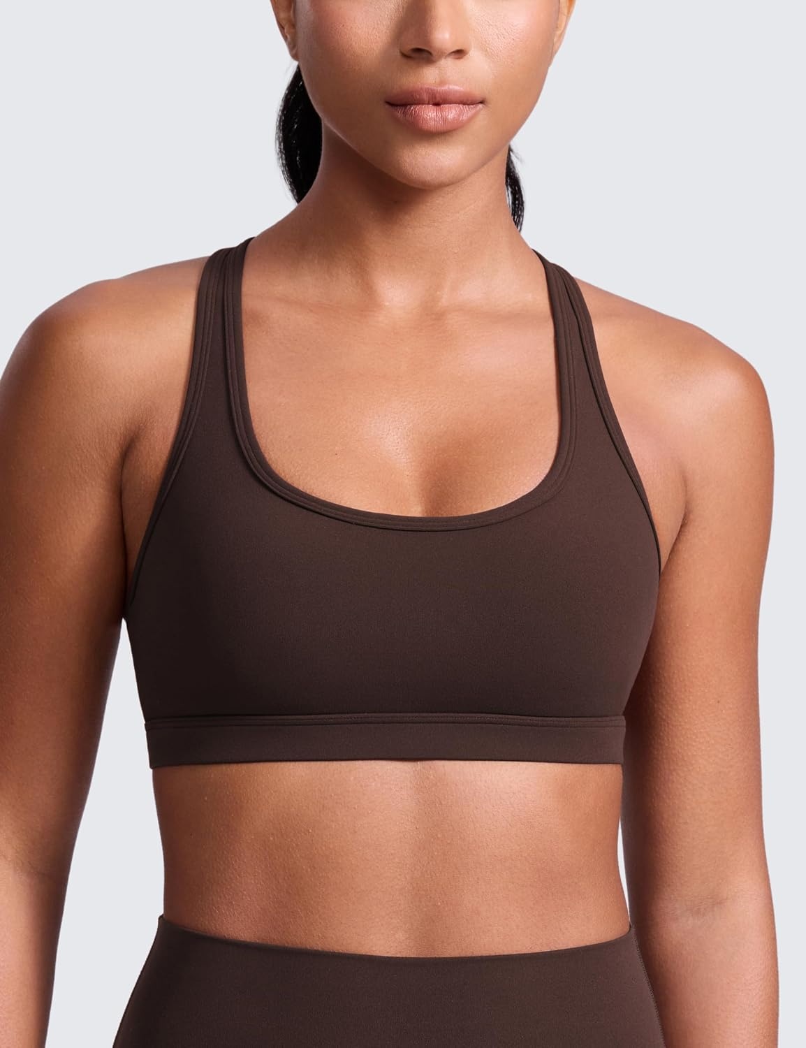 image:imageCRZ YOGA Butterlift CutOut Racerback Sports Bras for Women Scoop Neck Medium Impact Padded Pilates Gym Workout TopHot Fudge Brown