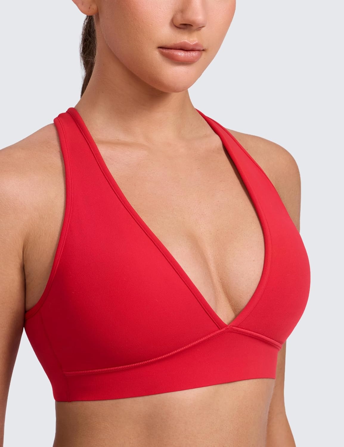 image:imageCRZ YOGA Butterlift Deep V Neck Sports Bras for Women Padded Gym Wide Straps CutOut Cross Back Crop Pilates Workout TopAurora Red