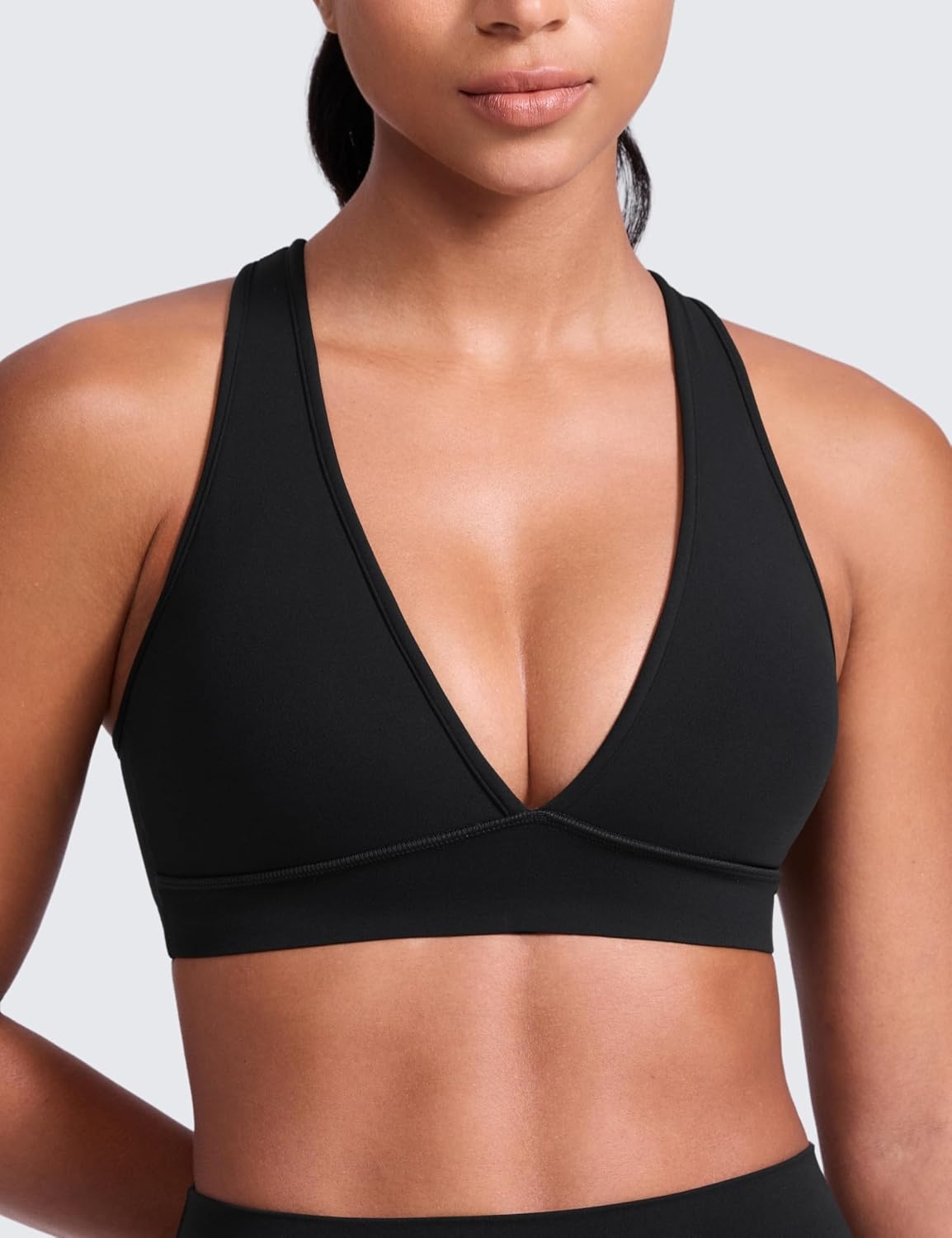 image:imageCRZ YOGA Butterlift Deep V Neck Sports Bras for Women Padded Gym Wide Straps CutOut Cross Back Crop Pilates Workout TopBlack