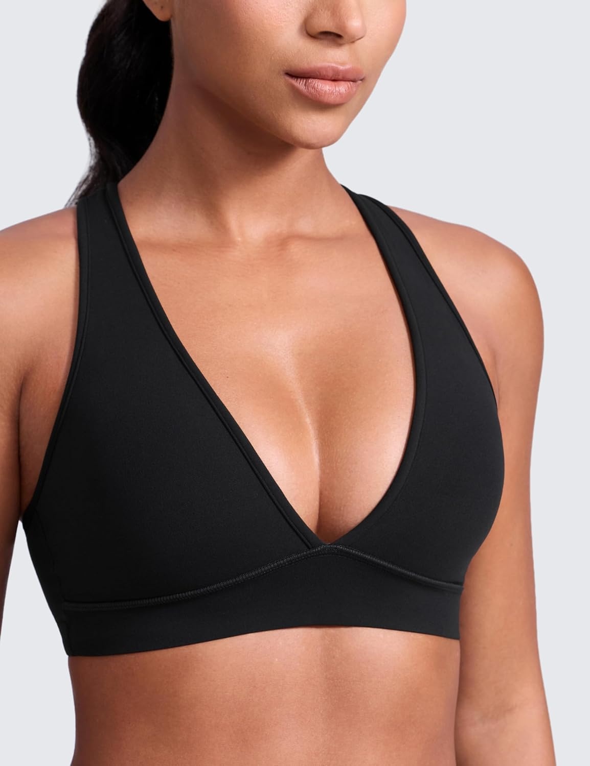 image:imageCRZ YOGA Butterlift Deep V Neck Sports Bras for Women Padded Gym Wide Straps CutOut Cross Back Crop Pilates Workout TopBlack