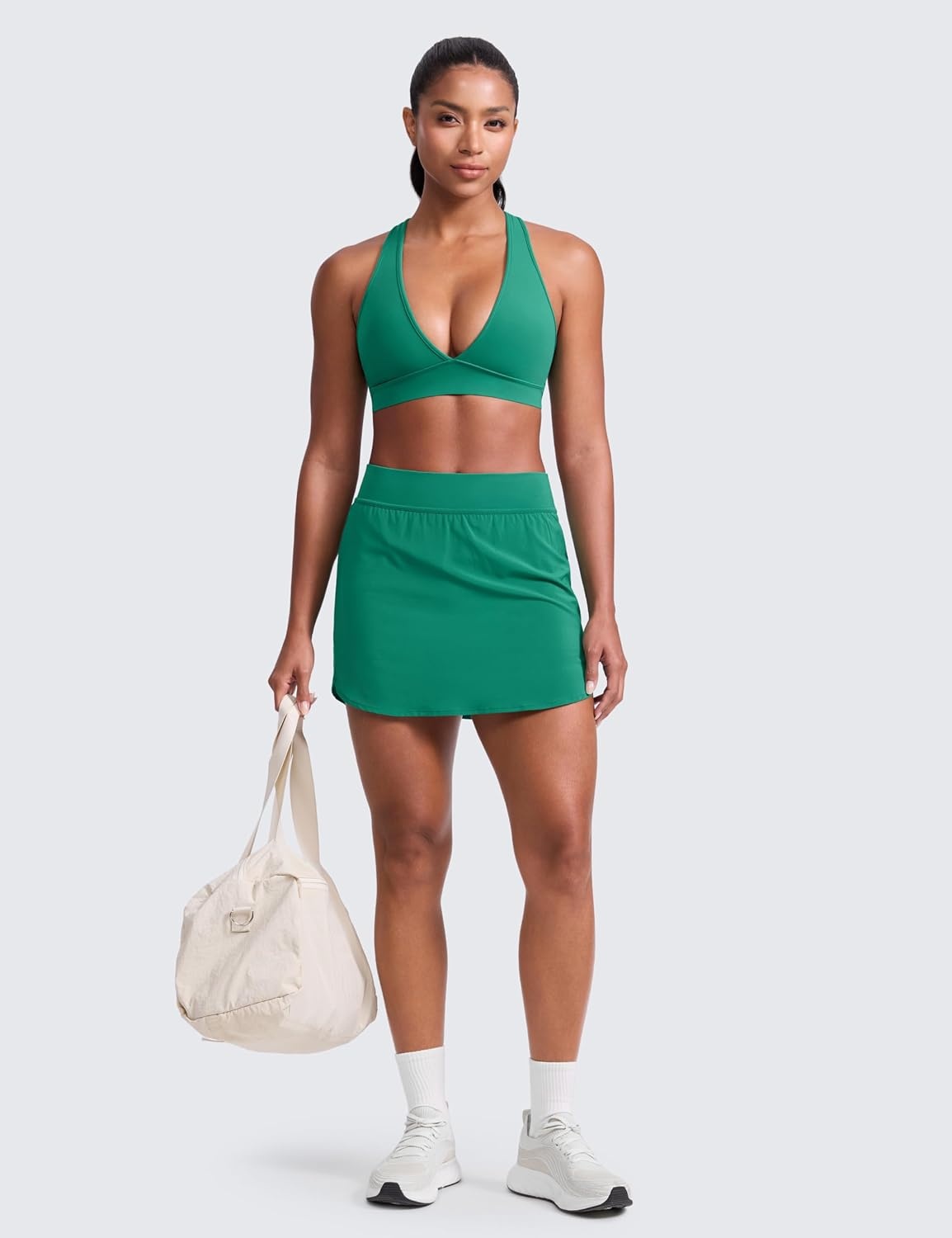 image:imageCRZ YOGA Butterlift Deep V Neck Sports Bras for Women Padded Gym Wide Straps CutOut Cross Back Crop Pilates Workout TopCascadia Green
