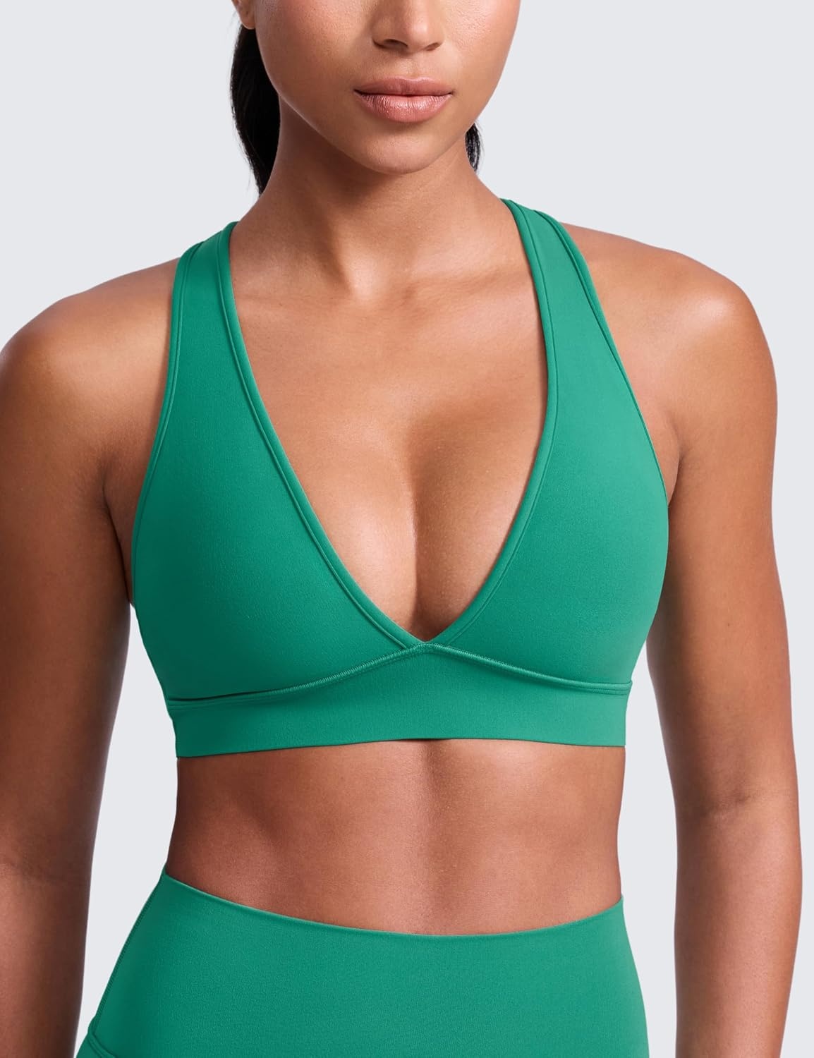 image:imageCRZ YOGA Butterlift Deep V Neck Sports Bras for Women Padded Gym Wide Straps CutOut Cross Back Crop Pilates Workout TopCascadia Green