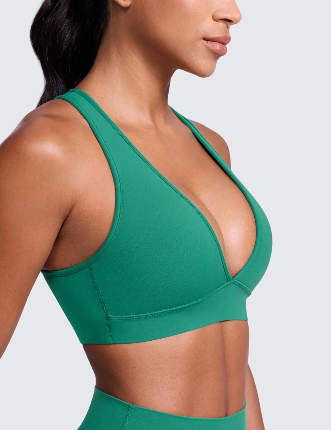 image:imageCRZ YOGA Butterlift Deep V Neck Sports Bras for Women Padded Gym Wide Straps CutOut Cross Back Crop Pilates Workout TopCascadia Green