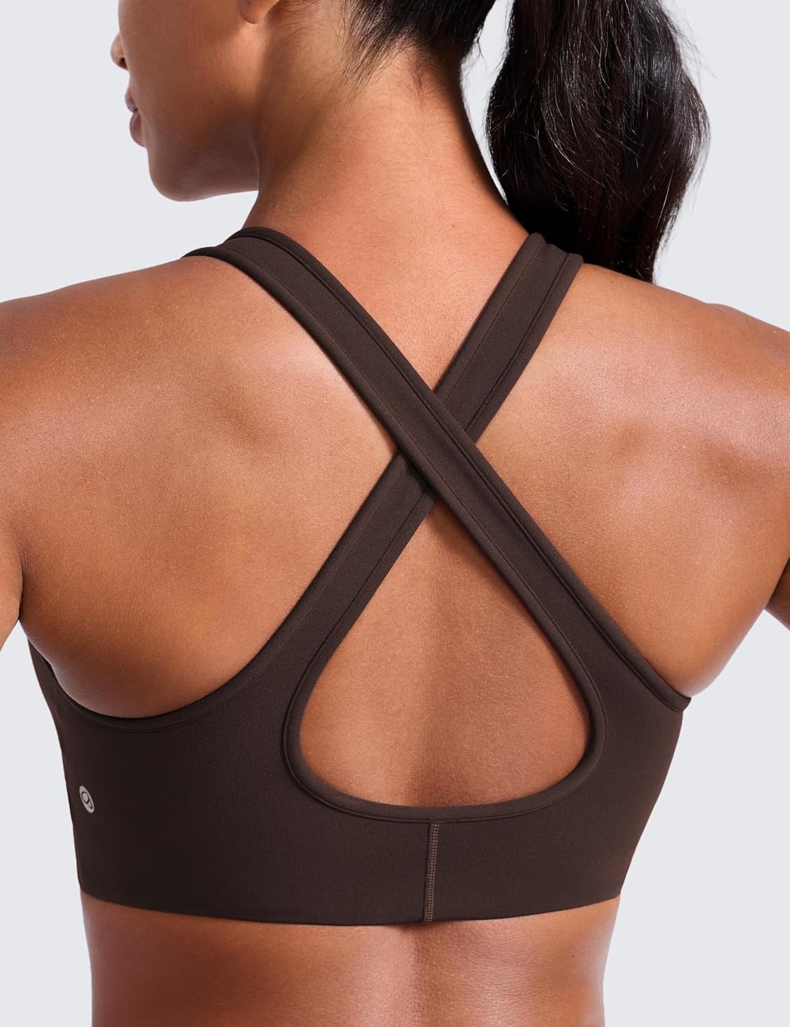 image:imageCRZ YOGA Butterlift Deep V Neck Sports Bras for Women Padded Gym Wide Straps CutOut Cross Back Crop Pilates Workout TopHot Fudge Brown