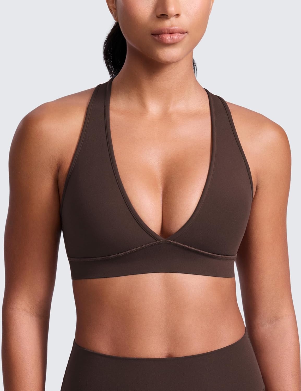 image:imageCRZ YOGA Butterlift Deep V Neck Sports Bras for Women Padded Gym Wide Straps CutOut Cross Back Crop Pilates Workout TopHot Fudge Brown