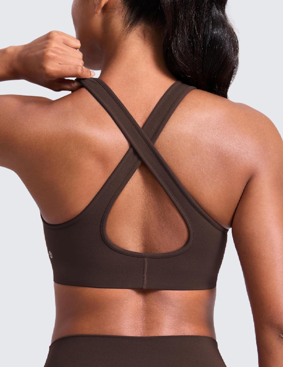 image:imageCRZ YOGA Butterlift Deep V Neck Sports Bras for Women Padded Gym Wide Straps CutOut Cross Back Crop Pilates Workout TopHot Fudge Brown
