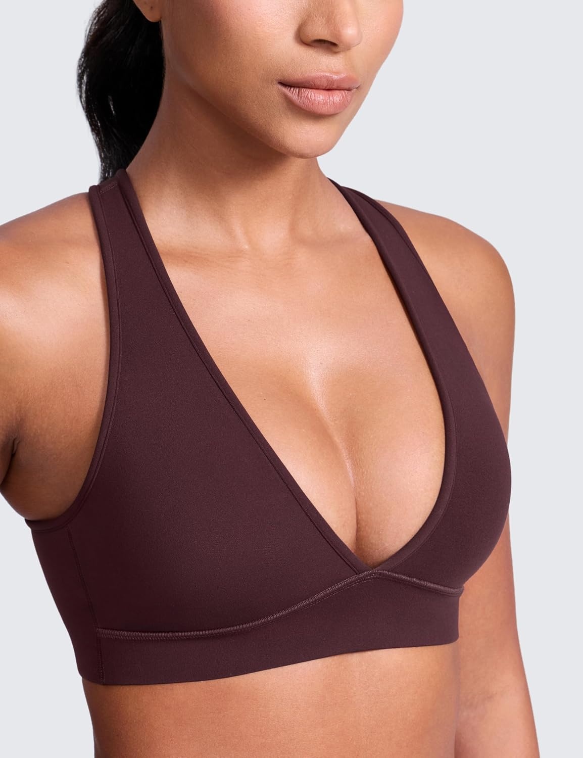 image:imageCRZ YOGA Butterlift Deep V Neck Sports Bras for Women Padded Gym Wide Straps CutOut Cross Back Crop Pilates Workout TopRipe Plum