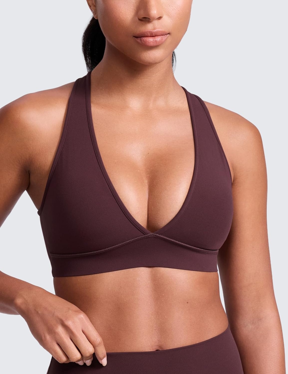 image:imageCRZ YOGA Butterlift Deep V Neck Sports Bras for Women Padded Gym Wide Straps CutOut Cross Back Crop Pilates Workout TopRipe Plum