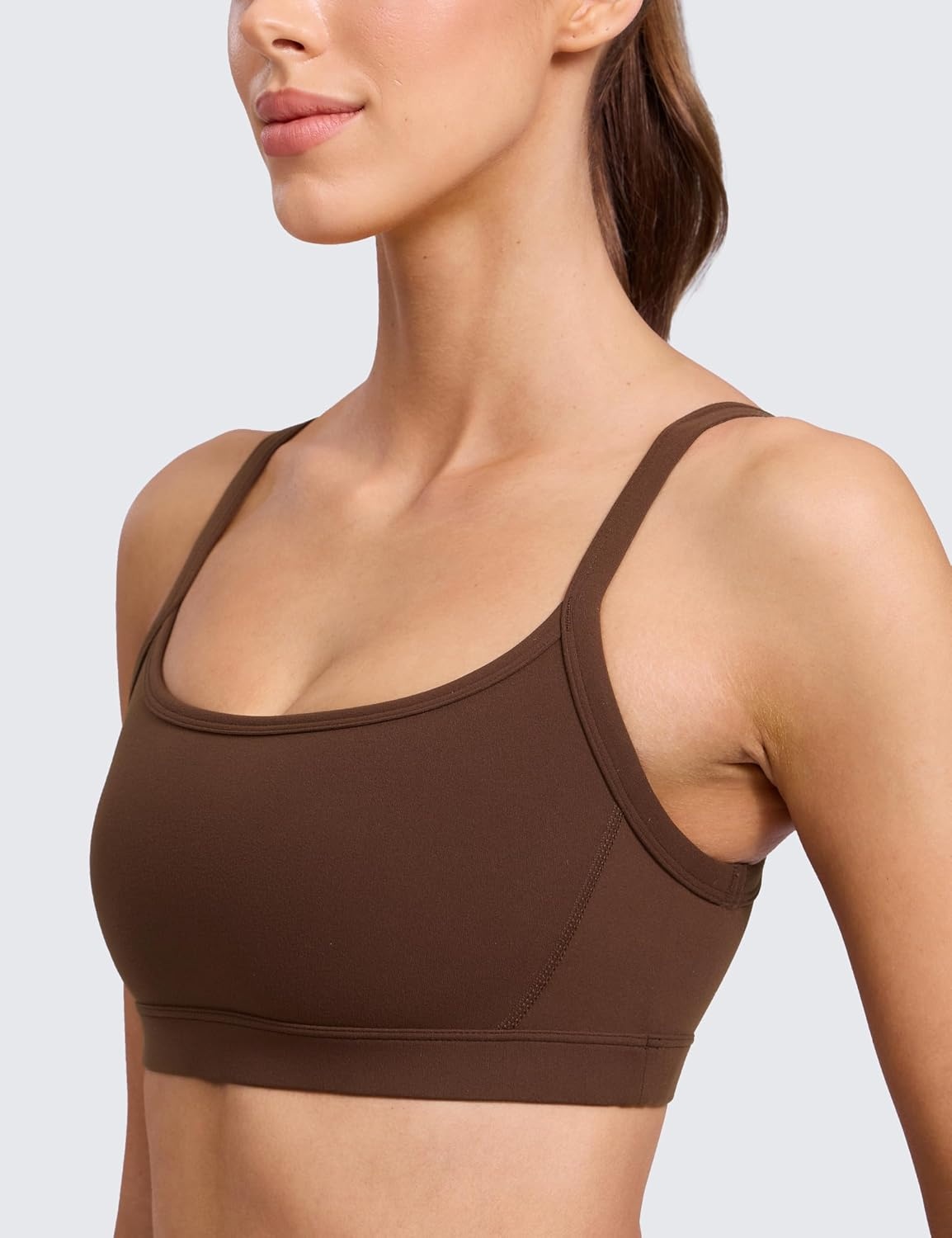 image:imageCRZ YOGA Butterlift Double Lined Scoop Neck Sports Bras for Women Spaghetti Straps U Back Yoga Top Non PaddedLava Brown