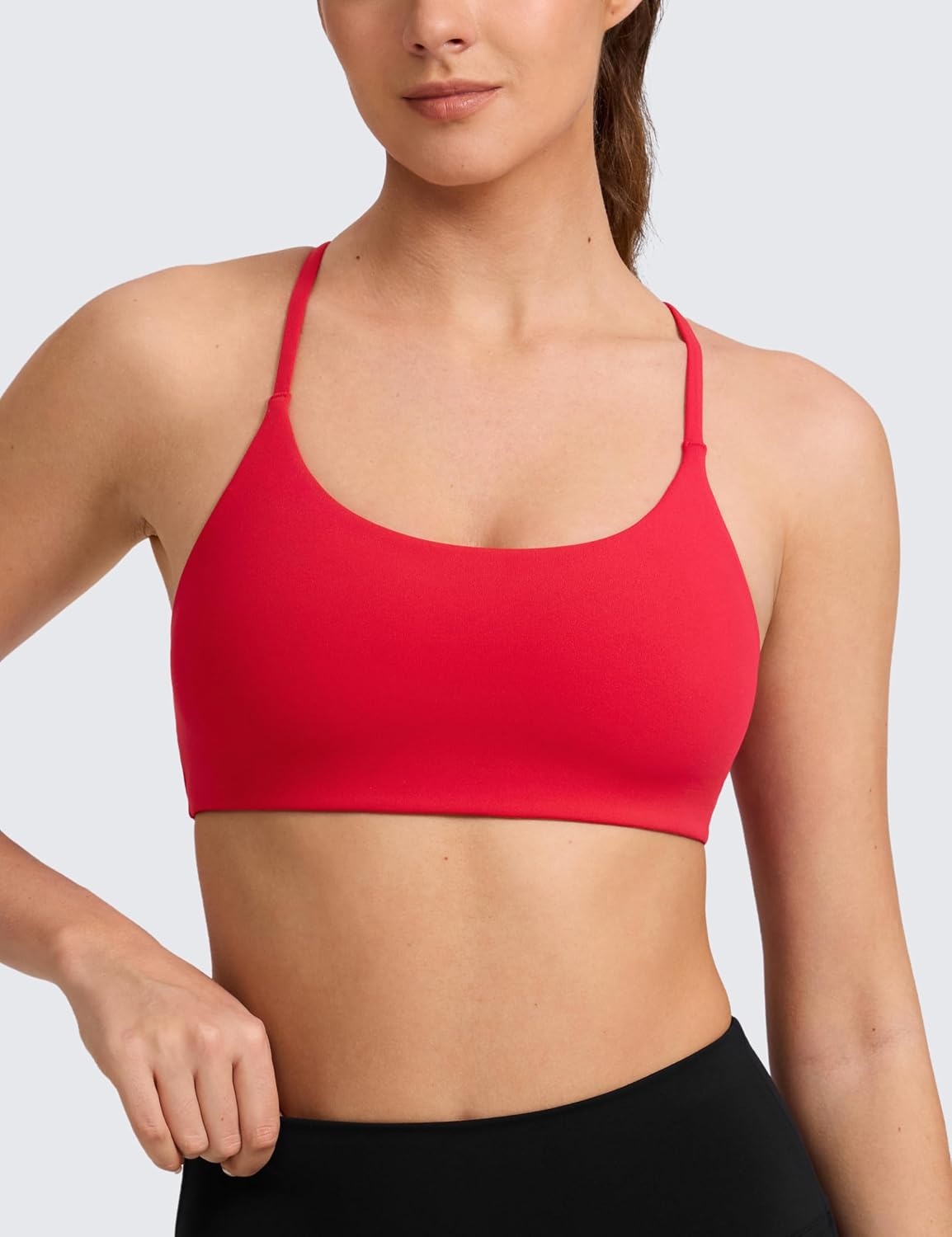 image:imageCRZ YOGA Butterlift Double Lined V Back Sports Bras for Women Scoop Neck Spaghetti Strap Wireless Yoga Top Non PaddedAurora Red