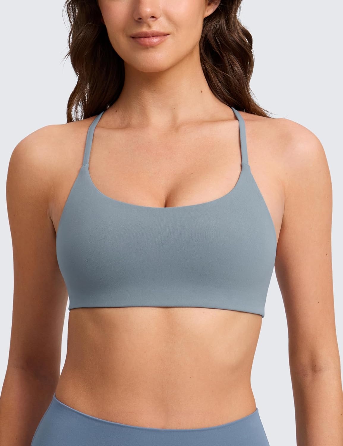 image:imageCRZ YOGA Butterlift Double Lined V Back Sports Bras for Women Scoop Neck Spaghetti Strap Wireless Yoga Top Non PaddedBelgian Blue