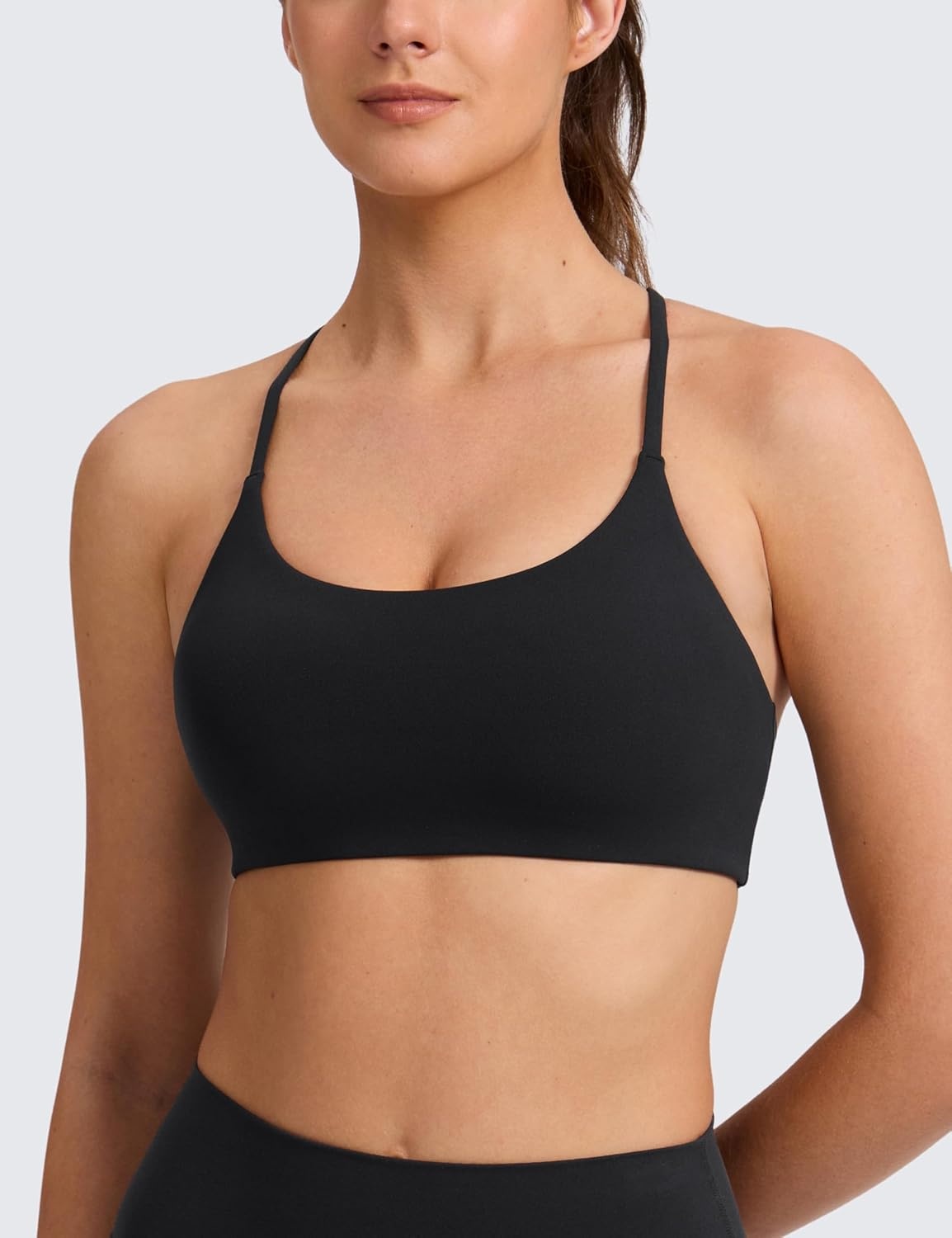 image:imageCRZ YOGA Butterlift Double Lined V Back Sports Bras for Women Scoop Neck Spaghetti Strap Wireless Yoga Top Non PaddedBlack