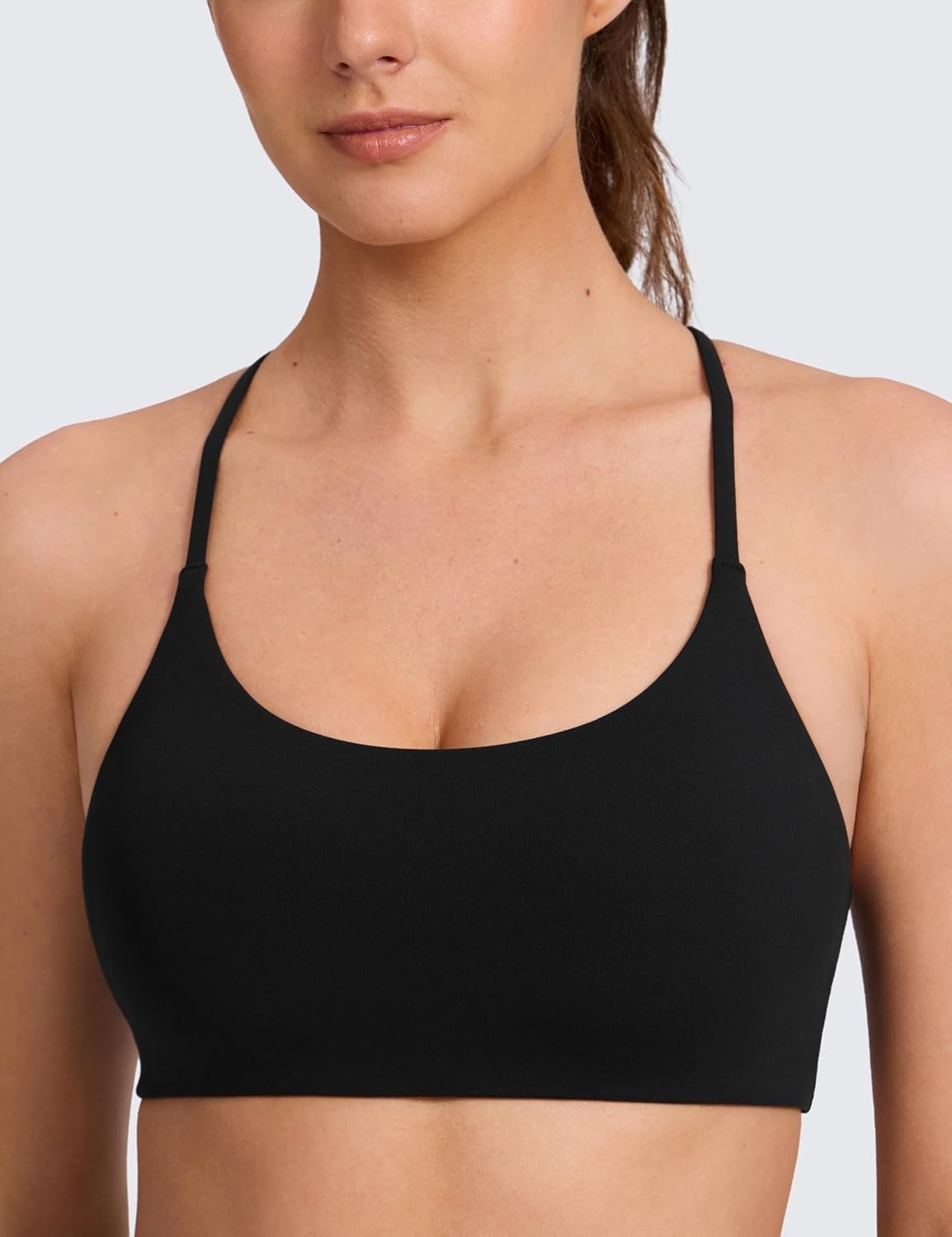 image:imageCRZ YOGA Butterlift Double Lined V Back Sports Bras for Women Scoop Neck Spaghetti Strap Wireless Yoga Top Non PaddedBlack