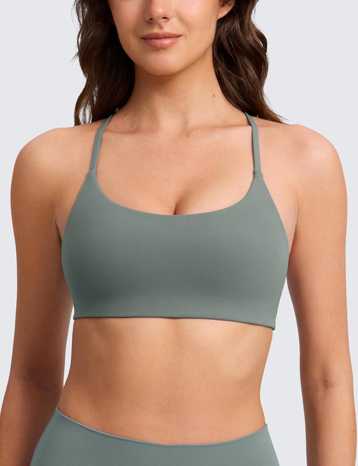 image:imageCRZ YOGA Butterlift Double Lined V Back Sports Bras for Women Scoop Neck Spaghetti Strap Wireless Yoga Top Non PaddedGrey Sage