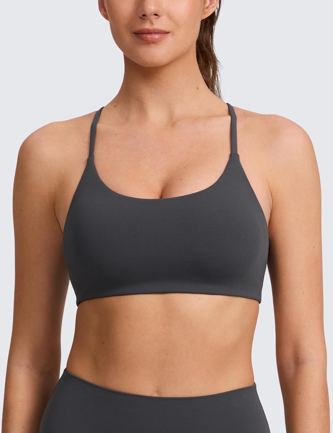 image:imageCRZ YOGA Butterlift Double Lined V Back Sports Bras for Women Scoop Neck Spaghetti Strap Wireless Yoga Top Non PaddedMysterious Grey